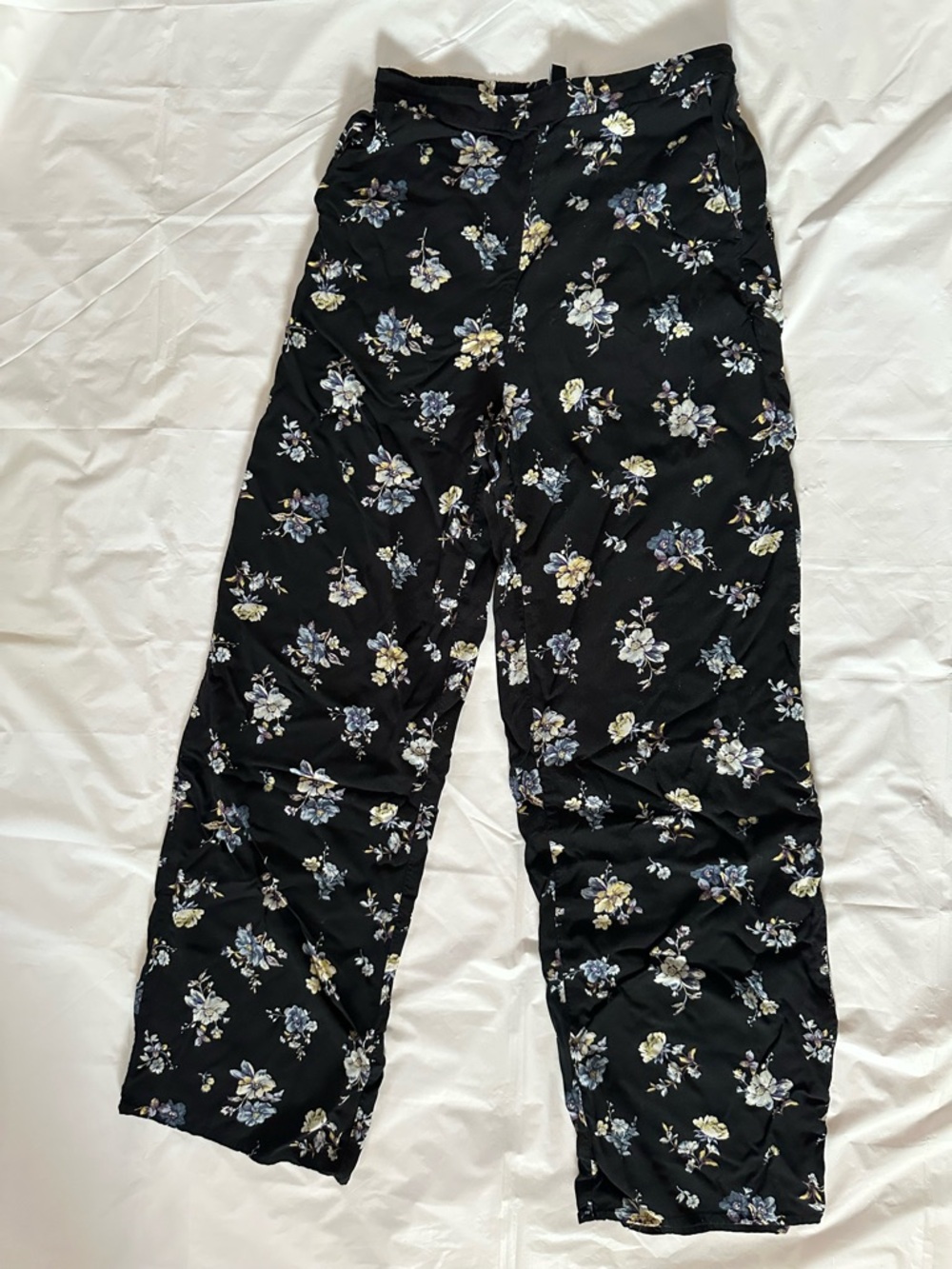H&M Black Floral Wide-Leg Pants with Blue and Yellow Blooms
